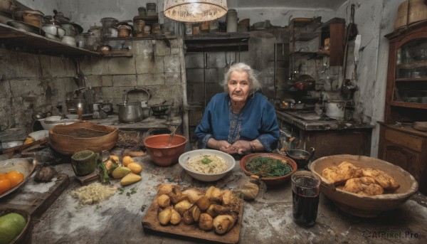 solo,looking at viewer,shirt,long sleeves,1boy,jewelry,sitting,upper body,white hair,grey hair,male focus,food,indoors,necklace,cup,fruit,facial hair,scar,table,own hands together,bottle,blue shirt,knife,beard,plate,bowl,realistic,spoon,mustache,basket,carrot,bread,old,egg,old man,cooking,kitchen,jar,vegetable,frying pan,old woman,stove,soup,wrinkled skin,cutting board,onion,steam,smoke,lamp,ladle,counter,lettuce,potato,kitchen knife