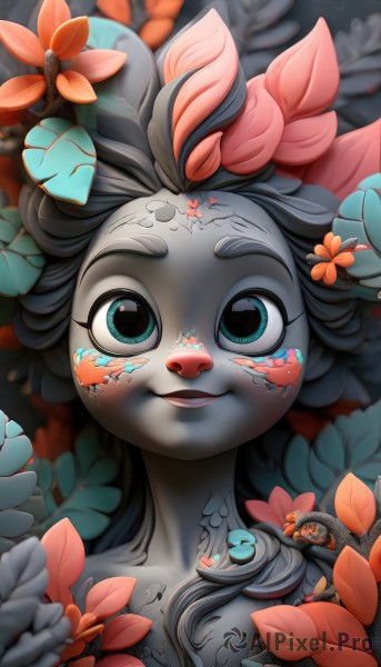 1girl,solo,long hair,looking at viewer,smile,open mouth,blue eyes,black hair,hair ornament,green eyes,collarbone,upper body,flower,parted lips,teeth,artist name,hair flower,blurry,aqua eyes,lips,eyelashes,colored skin,leaf,facial mark,thick eyebrows,monster girl,red flower,portrait,close-up,fish,white skin,grey skin,orange flower,grey hair,watermark,plant,web address