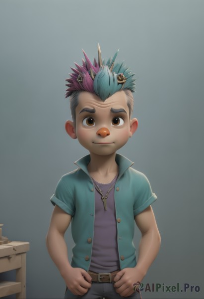 solo,looking at viewer,smile,simple background,shirt,1boy,brown eyes,jewelry,jacket,male focus,multicolored hair,green hair,open clothes,belt,pants,necklace,two-tone hair,cross,denim,child,freckles,unbuttoned,key,male child,mohawk,blush,hair ornament,blue hair,pink hair,artist name,grey background,hands on hips