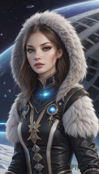 1girl,solo,long hair,breasts,looking at viewer,brown hair,long sleeves,dress,brown eyes,jewelry,upper body,earrings,parted lips,hood,necklace,star (symbol),lips,coat,fur trim,makeup,lipstick,gem,star (sky),hood up,freckles,realistic,nose,red lips,space,planet,earth (planet),fur-trimmed hood,medium breasts,teeth