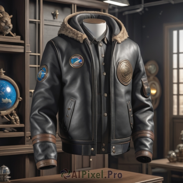 solo,shirt,long sleeves,jacket,open clothes,indoors,hood,blurry,black jacket,sleeves past wrists,fur trim,no humans,window,buttons,table,1other,fur-trimmed jacket,leather,planet,ambiguous gender,still life,globe,open jacket,blurry background,emblem,leather jacket,bomber jacket