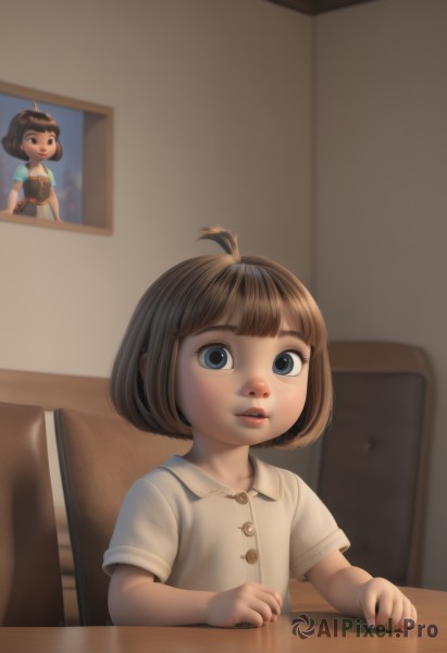 1girl,solo,looking at viewer,short hair,bangs,blue eyes,brown hair,shirt,sitting,white shirt,upper body,ahoge,short sleeves,parted lips,teeth,collared shirt,indoors,blunt bangs,blurry,lips,buttons,blurry background,chair,table,bob cut,child,freckles,reflection,female child,artist name,realistic,nose,reference inset