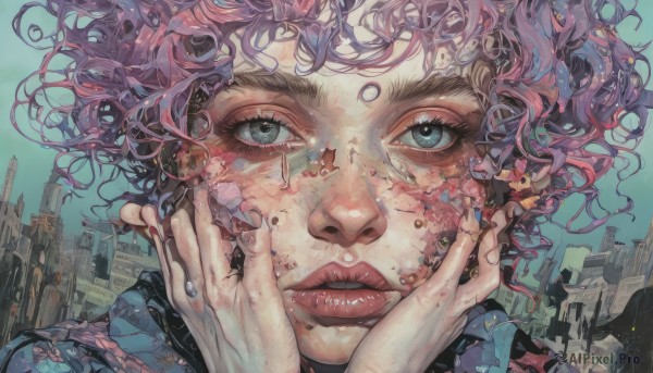 1girl,solo,looking at viewer,short hair,blue eyes,pink hair,purple hair,outdoors,parted lips,nail polish,lips,fingernails,grey eyes,hands up,eyelashes,building,portrait,close-up,blue nails,city,hands on own face,hands on own cheeks,surreal,floating hair,wavy hair,facial mark,realistic,nose,cityscape