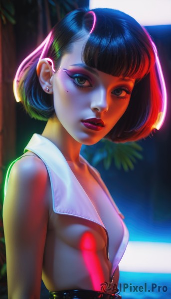 1girl,solo,breasts,looking at viewer,short hair,bangs,black hair,bare shoulders,brown eyes,jewelry,closed mouth,nipples,upper body,multicolored hair,earrings,small breasts,blunt bangs,mole,blurry,black eyes,lips,eyelashes,mole under eye,makeup,blurry background,piercing,bob cut,lipstick,eyeshadow,backlighting,freckles,nose,red lips,stud earrings,eyeliner,mascara,collarbone,parted lips,artist name,from side,tree,realistic