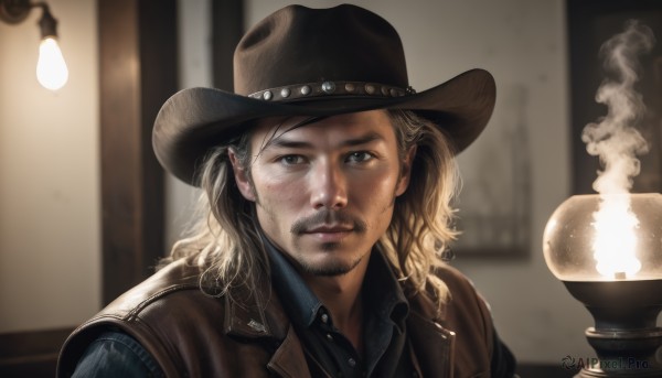 solo,looking at viewer,blonde hair,shirt,1boy,hat,brown eyes,closed mouth,jacket,upper body,male focus,collared shirt,indoors,medium hair,blurry,black eyes,lips,blurry background,facial hair,blue shirt,wing collar,portrait,beard,brown jacket,realistic,mustache,brown headwear,candle,cowboy hat,long hair,smile,brown hair,gloves,holding,signature,vest,cup,steam,smoke,nose,stubble,light,leather,cowboy western