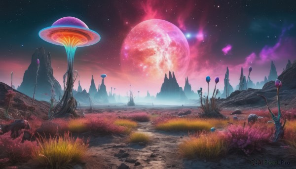 flower,outdoors,sky,cloud,tree,no humans,night,moon,grass,star (sky),night sky,scenery,full moon,starry sky,rock,mountain,fantasy,mushroom,planet,castle,landscape,red moon,signature,water,building,reflection,red sky