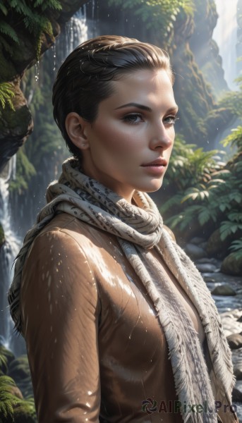 1girl,solo,looking at viewer,short hair,brown hair,black hair,brown eyes,jewelry,closed mouth,upper body,earrings,outdoors,day,water,scarf,black eyes,tree,lips,coat,wet,sunlight,wet clothes,nature,forest,freckles,realistic,nose,stud earrings,wet hair,waterfall,long hair,breasts,braid,parted lips,signature,from side,leaf,plant,rock,dappled sunlight