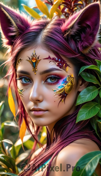 1girl,solo,long hair,looking at viewer,smile,animal ears,bare shoulders,brown eyes,closed mouth,green eyes,pink hair,purple hair,outdoors,day,artist name,cat ears,blurry,from side,lips,animal ear fluff,fox ears,eyelashes,makeup,depth of field,blurry background,leaf,facial mark,bug,plant,lipstick,gem,portrait,eyeshadow,freckles,circlet,realistic,nose,eyeliner,mascara,upper body,multicolored hair,close-up