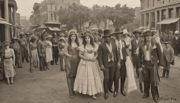 long hair,looking at viewer,smile,multiple girls,shirt,long sleeves,hat,dress,bow,jewelry,standing,jacket,monochrome,flower,greyscale,outdoors,multiple boys,necktie,pants,bowtie,necklace,tree,mask,facial hair,6+girls,umbrella,formal,suit,building,walking,6+boys,top hat,sepia,statue,crowd,breasts,gloves,boots,high heels,spot color,sun hat,city,road,street,town