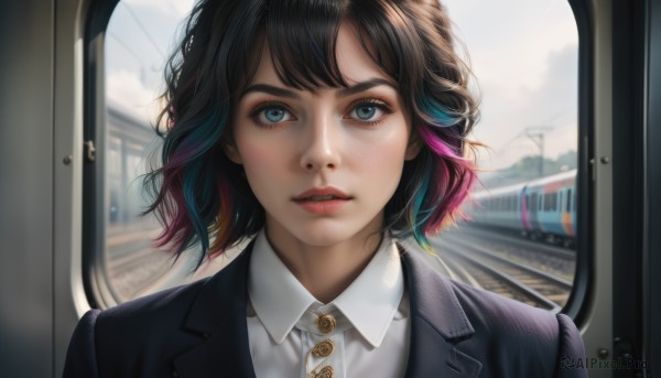 1girl,solo,looking at viewer,short hair,bangs,blue eyes,brown hair,shirt,black hair,jacket,white shirt,upper body,pink hair,multicolored hair,outdoors,parted lips,teeth,day,collared shirt,artist name,blurry,two-tone hair,lips,black jacket,eyelashes,makeup,buttons,blurry background,watermark,wing collar,ground vehicle,portrait,motor vehicle,freckles,reflection,realistic,nose,train,sky,cloud,dress shirt,depth of field,close-up,backlighting,straight-on,train station