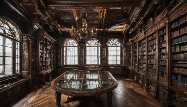 day,indoors,book,no humans,window,chair,table,sunlight,scenery,light rays,wooden floor,stairs,bookshelf,candle,architecture,shelf,library,ceiling,candlestand,chandelier,fantasy