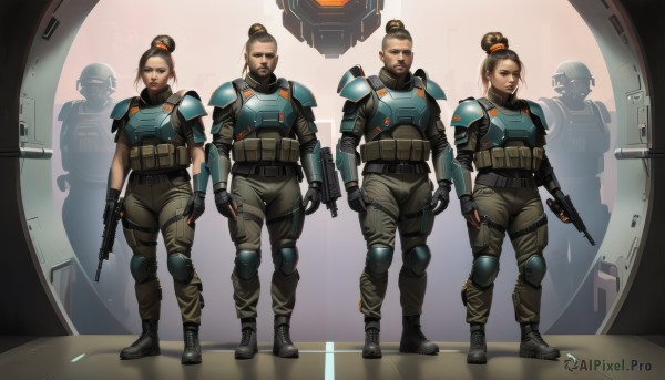 1girl,looking at viewer,short hair,multiple girls,brown hair,gloves,holding,standing,full body,weapon,boots,multiple boys,black gloves,pants,fingerless gloves,hair bun,black footwear,holding weapon,armor,uniform,gun,military,military uniform,facial hair,single hair bun,helmet,shoulder armor,holding gun,rifle,beard,handgun,science fiction,breastplate,realistic,mustache,assault rifle,knee pads,shoulder pads,energy gun,bulletproof vest,brown eyes,multiple views,pouch,submachine gun,shotgun,tactical clothes,combat boots