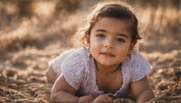 1girl,solo,looking at viewer,short hair,brown hair,dress,brown eyes,closed mouth,short sleeves,lying,blurry,black eyes,lips,depth of field,blurry background,on stomach,child,realistic,female child,downblouse,parted lips,white dress