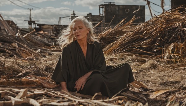 solo,long hair,long sleeves,1boy,jewelry,sitting,closed mouth,closed eyes,white hair,male focus,outdoors,sky,barefoot,day,cloud,blurry,lips,ring,cloudy sky,wind,building,facing viewer,robe,realistic,indian style,watercraft,ship,grey sky,black robe,1girl,collarbone,wings,depth of field,scar,scar on face,fantasy,ruins,old,on ground,power lines,windmill