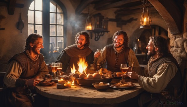 smile,open mouth,brown hair,shirt,black hair,gloves,long sleeves,holding,jewelry,sitting,closed eyes,male focus,food,multiple boys,indoors,signature,fingerless gloves,scarf,grin,looking at another,vest,cup,window,facial hair,scar,chair,eating,table,3boys,bottle,fire,knife,holding cup,beard,plate,alcohol,drinking glass,4boys,mustache,fork,candle,wine glass,bread,wine,meat,tunic,candlestand,fireplace,short hair,necklace,helmet,fantasy,5boys,laughing,father and son,torch,chandelier