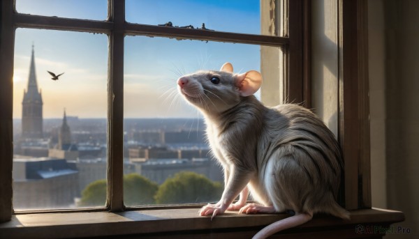 HQ,blue eyes,outdoors,sky,day,cloud,indoors,blurry,blue sky,no humans,window,bird,animal,cat,curtains,building,scenery,flying,city,realistic,animal focus,mouse,whiskers,solo,sunlight,cityscape,2008