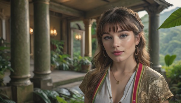 1girl,solo,long hair,looking at viewer,smile,bangs,brown hair,shirt,jewelry,closed mouth,upper body,braid,earrings,outdoors,day,necklace,blurry,lips,grey eyes,eyelashes,depth of field,blurry background,leaf,plant,hoop earrings,realistic,nose,architecture,pillar,garden,column,brown eyes,white shirt,short sleeves