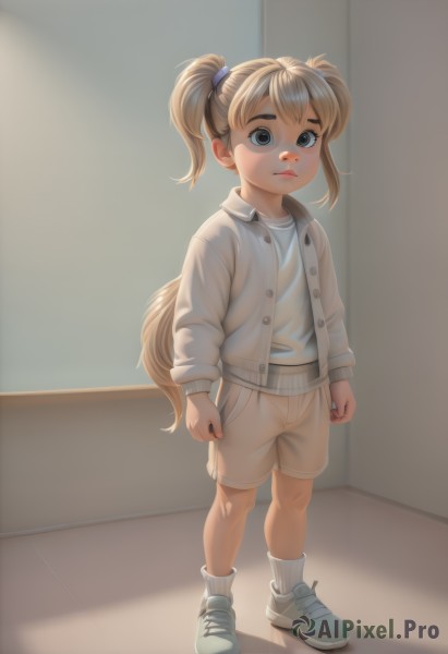 1girl,solo,looking at viewer,blue eyes,blonde hair,shirt,long sleeves,twintails,closed mouth,standing,jacket,tail,full body,white shirt,open clothes,shoes,shorts,socks,indoors,open jacket,lips,buttons,white jacket,cardigan,short twintails,white socks,sneakers,child,clenched hands,white shorts,female child,white cardigan,long hair,short hair,bangs,nose,brown shorts