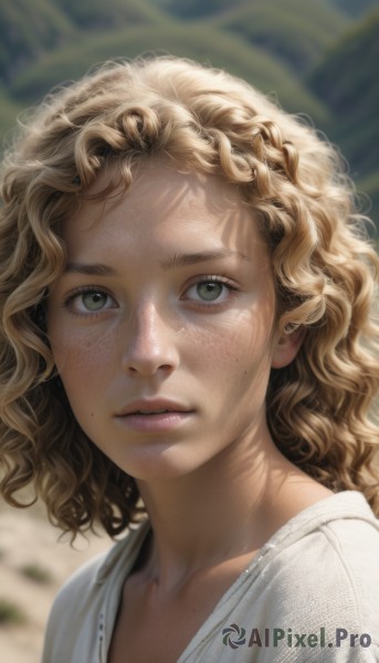 1girl,solo,looking at viewer,short hair,blonde hair,shirt,green eyes,collarbone,white shirt,upper body,braid,outdoors,parted lips,day,medium hair,mole,blurry,lips,grey eyes,eyelashes,depth of field,blurry background,leaf,wavy hair,sunlight,portrait,freckles,curly hair,realistic,nose,dappled sunlight,mole on cheek,long hair,brown hair,brown eyes,mole under mouth