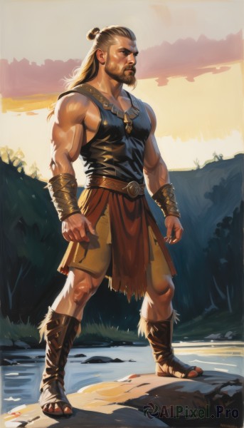 solo,long hair,brown hair,1boy,bare shoulders,jewelry,standing,full body,male focus,outdoors,shorts,belt,signature,necklace,muscular,facial hair,sandals,tank top,muscular male,beard,clenched hands,veins,rock,bracer,manly,topknot,black hair,boots,single hair bun,sunset,realistic