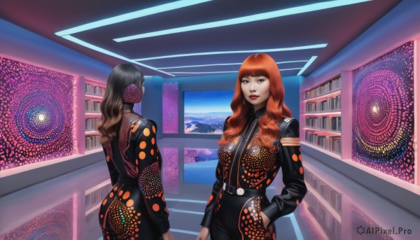 long hair,bangs,multiple girls,brown hair,black hair,long sleeves,dress,2girls,brown eyes,ass,red hair,belt,pants,indoors,blunt bangs,orange hair,lips,makeup,lipstick,science fiction,hand in pocket,bookshelf,red lips,alien,looking at viewer,bodysuit,polka dot