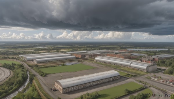 outdoors,sky,day,cloud,water,tree,no humans,ocean,cloudy sky,grass,ground vehicle,building,nature,scenery,motor vehicle,forest,mountain,city,horizon,road,house,bridge,river,landscape,railroad tracks,car,cityscape,field,street,town