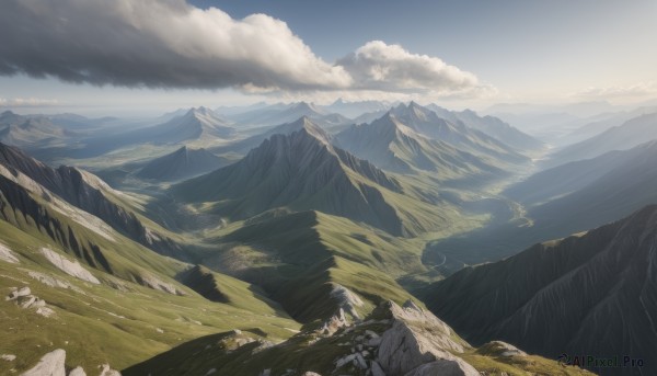 outdoors,sky,day,cloud,blue sky,no humans,cloudy sky,grass,nature,scenery,rock,mountain,landscape,mountainous horizon,cliff