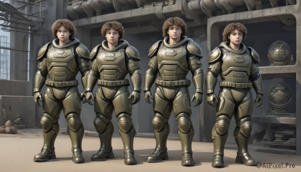 1girl,looking at viewer,short hair,brown hair,brown eyes,standing,full body,male focus,multiple boys,signature,armor,helmet,shoulder armor,gauntlets,science fiction,breastplate,realistic,shoulder pads,power armor,helmet removed,spacesuit,variations,multiple girls,closed mouth,braid,boots,artist name,4girls,multiple views,arms at sides