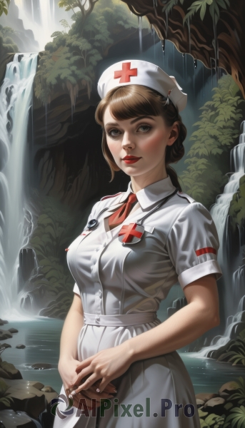 1girl,solo,breasts,looking at viewer,smile,bangs,brown hair,hat,dress,brown eyes,medium breasts,standing,short sleeves,outdoors,water,tree,lips,makeup,own hands together,cross,lipstick,nature,forest,nose,nurse cap,red lips,nurse,waterfall,red cross,parted lips,apron,realistic,collared dress