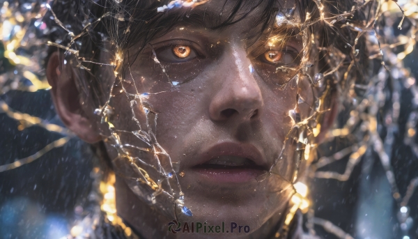 solo,looking at viewer,short hair,open mouth,bangs,black hair,1boy,brown eyes,male focus,parted lips,teeth,dark skin,blurry,lips,orange eyes,depth of field,blurry background,looking up,portrait,close-up,freckles,reflection,realistic,nose,constellation,1girl,jewelry,earrings,looking to the side,glowing,looking away,rain,looking afar,gold