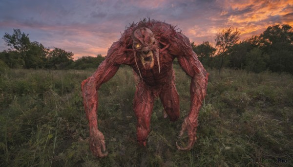 solo,yellow eyes,outdoors,sky,teeth,cloud,tree,no humans,cloudy sky,grass,nature,forest,sunset,monster,running,alien,horror (theme),looking at viewer,open mouth,glowing,sharp teeth,scenery,glowing eyes,red sky