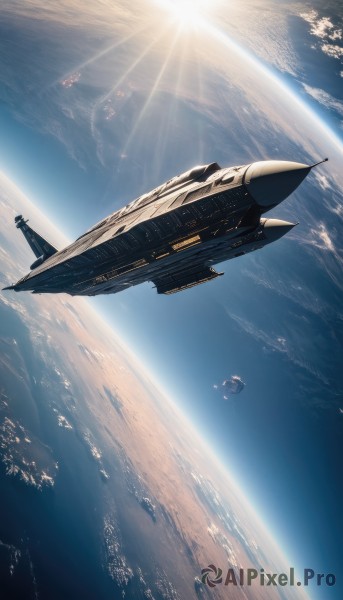 sky,cloud,signature,military,dutch angle,no humans,sunlight,scenery,lens flare,flying,science fiction,realistic,aircraft,sun,military vehicle,airplane,space,vehicle focus,planet,earth (planet),spacecraft,jet,star (sky),light rays,fighter jet