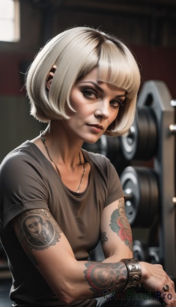 1girl,solo,breasts,looking at viewer,short hair,bangs,blonde hair,shirt,brown eyes,jewelry,sitting,white hair,short sleeves,earrings,small breasts,parted lips,pants,artist name,blunt bangs,necklace,blurry,bracelet,lips,grey eyes,black shirt,tattoo,makeup,depth of field,blurry background,black pants,piercing,bob cut,ring,t-shirt,ear piercing,freckles,realistic,nose,arm tattoo,shoulder tattoo,neck tattoo,eyebrow piercing,studded bracelet,chain,jeans