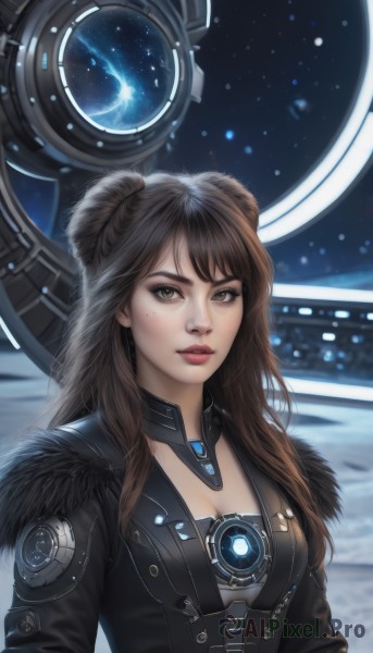 1girl,solo,long hair,breasts,looking at viewer,bangs,brown hair,cleavage,brown eyes,medium breasts,jacket,upper body,parted lips,sky,artist name,mole,lips,black jacket,fur trim,makeup,moon,star (sky),starry sky,freckles,science fiction,realistic,nose,space,planet,black hair,hair bun,double bun,spacecraft