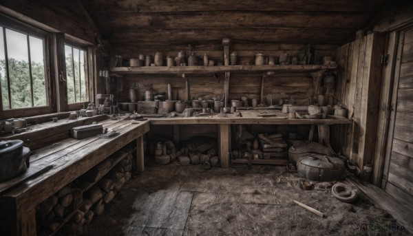 day,indoors,tree,cup,no humans,window,chair,table,bottle,scenery,plate,bowl,wooden floor,wall,shelf,ladle,kitchen,frying pan,sink,barrel,wooden table,stove,plant,box,jar,cabinet,kettle,wood