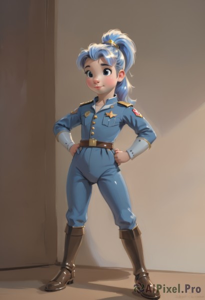 1girl,solo,long hair,looking at viewer,blush,smile,blue eyes,shirt,hair ornament,long sleeves,closed mouth,blue hair,standing,jacket,full body,ponytail,boots,belt,pants,artist name,signature,star (symbol),uniform,lips,military,military uniform,shadow,watermark,brown footwear,knee boots,aged down,high ponytail,web address,hands on hips,blue pants,brown belt,police,police uniform,buttons,blue jacket,child,star hair ornament,pants tucked in