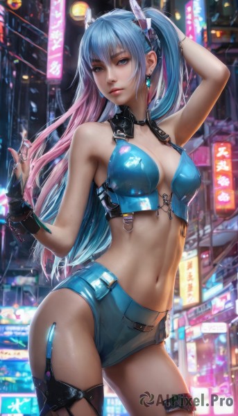 1girl,solo,long hair,breasts,looking at viewer,bangs,blue eyes,hair ornament,thighhighs,gloves,navel,cleavage,bare shoulders,twintails,jewelry,medium breasts,blue hair,standing,pink hair,multicolored hair,cowboy shot,earrings,outdoors,parted lips,shorts,midriff,shiny,fingerless gloves,nail polish,arm up,bracelet,two-tone hair,lips,crop top,shiny skin,short shorts,gradient hair,thigh strap,contrapposto,realistic,hair between eyes,closed mouth,sidelocks,thighs,necktie,sleeveless,black gloves,artist name,armpits,stomach,blurry,collar,fingernails,makeup,detached collar,night,watermark,garter straps,piercing,ring,ground vehicle,building,web address,motor vehicle,single glove,arm behind head,shiny clothes,city,car,road,street,city lights,cyberpunk,neon lights