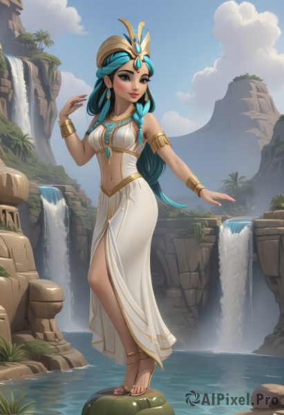 1girl,solo,long hair,breasts,looking at viewer,blush,smile,blue eyes,skirt,dress,navel,bare shoulders,jewelry,medium breasts,very long hair,closed mouth,blue hair,standing,full body,braid,earrings,outdoors,green hair,sky,barefoot,sleeveless,day,midriff,artist name,cloud,hand up,water,necklace,nail polish,white dress,bracelet,tree,blue sky,lips,fingernails,single braid,aqua hair,makeup,toes,sandals,white skirt,lipstick,gem,armlet,eyeshadow,toenails,hoop earrings,rock,anklet,toenail polish,red lips,gold,waterfall,egyptian clothes,cliff,barefoot sandals,black hair,hair ornament,brown eyes,multicolored hair,dark skin,stomach,black eyes,feet,dark-skinned female,crop top,watermark,cloudy sky,crown,plant,red nails,web address,long skirt,patreon username,bangle,tiptoes,forehead jewel