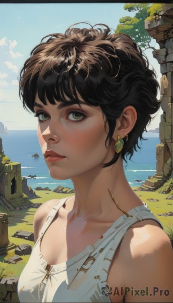 1girl,solo,breasts,looking at viewer,short hair,bangs,brown hair,shirt,black hair,cleavage,bare shoulders,brown eyes,jewelry,medium breasts,green eyes,collarbone,white shirt,upper body,earrings,outdoors,parted lips,sky,sleeveless,day,cloud,water,tree,blue sky,lips,eyelashes,bird,ocean,thick eyebrows,tank top,letterboxed,messy hair,rock,nose,cliff,beach,zipper,curly hair,realistic,horizon,watercraft