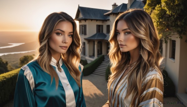 long hair,looking at viewer,smile,blue eyes,multiple girls,blonde hair,brown hair,shirt,dress,2girls,brown eyes,jewelry,closed mouth,white shirt,upper body,multicolored hair,outdoors,sky,striped,artist name,necklace,tree,lips,siblings,wavy hair,sisters,building,sunset,twins,stairs,realistic,nose,road,house,black hair,earrings,dark skin,dark-skinned female,ocean,sunlight,plant,scenery