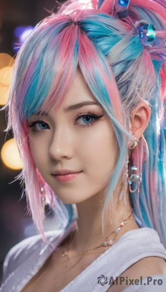 1girl,solo,long hair,looking at viewer,smile,bangs,blue eyes,hair ornament,dress,jewelry,closed mouth,blue hair,upper body,ponytail,pink hair,multicolored hair,earrings,necklace,white dress,blurry,two-tone hair,lips,streaked hair,looking to the side,eyelashes,aqua hair,makeup,depth of field,blurry background,gem,portrait,realistic,nose,bokeh,mascara,artist name,watermark