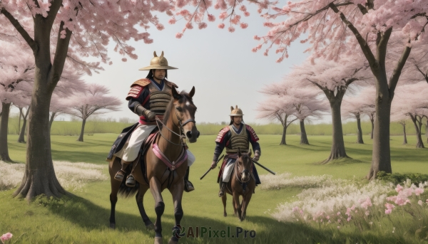 hat,holding,weapon,flower,male focus,outdoors,multiple boys,day,sword,2boys,holding weapon,armor,tree,animal,holding sword,katana,helmet,grass,cherry blossoms,shoulder armor,sheath,scenery,pink flower,sheathed,riding,japanese armor,horse,sode,kote,samurai,horseback riding,reins,saddle,kabuto (helmet),gloves,1boy,standing,japanese clothes,sky,black gloves,striped,pants,scabbard,field,kusazuri,kurokote