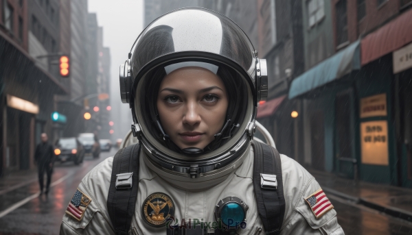 1girl,solo,looking at viewer,black hair,1boy,brown eyes,closed mouth,upper body,outdoors,solo focus,dark skin,blurry,black eyes,lips,depth of field,blurry background,helmet,ground vehicle,building,motor vehicle,1other,reflection,science fiction,rain,city,realistic,car,road,police,street,american flag,spacesuit,japanese flag,astronaut,short hair,uniform,backpack,portrait,serious,sign,police uniform,ambiguous gender,policewoman,space helmet,united states