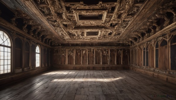 day,indoors,no humans,window,sunlight,scenery,light rays,wooden floor,stairs,door,architecture,pillar,hallway,church,arch,chandelier,shadow,chain,fantasy,light,ruins