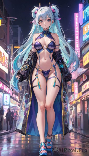 1girl,solo,long hair,breasts,looking at viewer,bangs,blue eyes,large breasts,hair ornament,long sleeves,navel,cleavage,hair between eyes,bare shoulders,twintails,medium breasts,very long hair,closed mouth,blue hair,standing,jacket,swimsuit,full body,bikini,thighs,outdoors,parted lips,open clothes,sky,solo focus,off shoulder,stomach,hair bun,nail polish,coat,black jacket,legs,bare legs,double bun,aqua hair,skindentation,thigh strap,toes,night,highleg,thigh gap,sandals,building,revealing clothes,night sky,blue nails,reflection,toenails,black coat,city,anklet,toenail polish,platform footwear,neon lights,multicolored hair,open jacket,clothing cutout,ass visible through thighs,cleavage cutout,breasts apart,string bikini,blue bikini,hair rings,highleg bikini