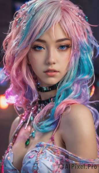 1girl,solo,long hair,breasts,looking at viewer,bangs,blue eyes,hair ornament,cleavage,bare shoulders,jewelry,medium breasts,underwear,blue hair,upper body,pink hair,multicolored hair,parted lips,choker,artist name,necklace,bra,blurry,two-tone hair,lips,eyelashes,gradient hair,makeup,depth of field,blurry background,watermark,wavy hair,floral print,gem,web address,strap slip,freckles,realistic,nose,mascara,teeth,sleeveless,collar,wet,black choker,pendant,water drop