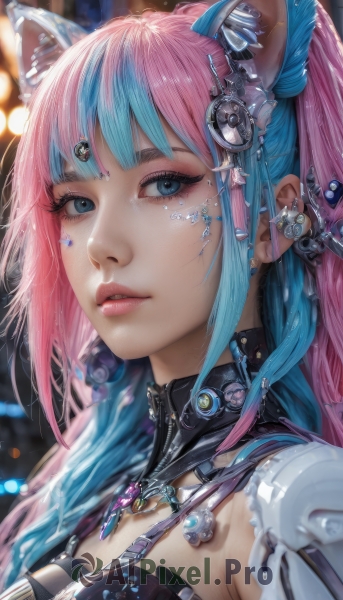 1girl,solo,long hair,breasts,looking at viewer,bangs,blue eyes,hair ornament,animal ears,jewelry,blue hair,pink hair,multicolored hair,earrings,parted lips,cat ears,blurry,two-tone hair,lips,eyelashes,aqua hair,makeup,blurry background,facial mark,piercing,ear piercing,portrait,eyeshadow,realistic,nose,eyeliner,mascara,ponytail,sidelocks,artist name,water,necklace,mole,collar,mole under eye,depth of field,fake animal ears,close-up,cyberpunk