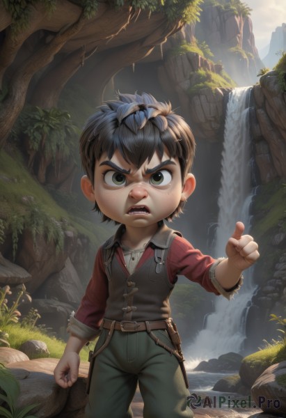 solo,looking at viewer,short hair,open mouth,brown hair,shirt,black hair,1boy,brown eyes,green eyes,standing,male focus,outdoors,teeth,belt,pants,artist name,water,vest,tree,thick eyebrows,grass,pointing,clenched hand,child,nature,angry,forest,freckles,rock,fantasy,male child,waterfall,cliff,moss,jewelry,blue hair,realistic,mushroom