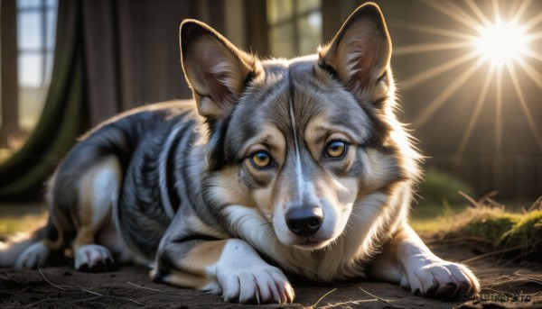 HQ,solo,looking at viewer,full body,yellow eyes,lying,day,indoors,blurry,no humans,window,depth of field,blurry background,animal,sunlight,cat,plant,on stomach,curtains,realistic,animal focus,signature,grass,claws,dog