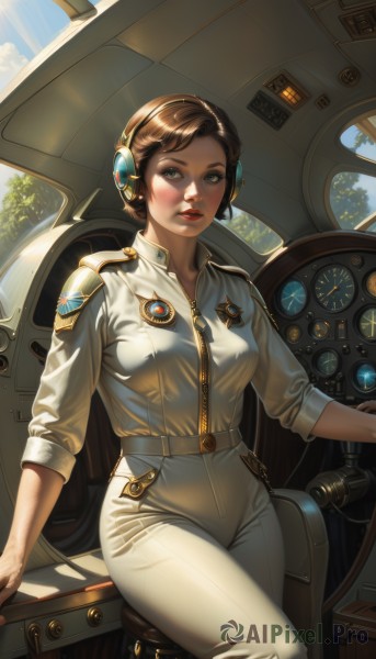 1girl,solo,breasts,looking at viewer,short hair,blue eyes,brown hair,shirt,brown eyes,medium breasts,sitting,white shirt,outdoors,parted lips,sky,day,belt,pants,artist name,cloud,signature,uniform,tree,blue sky,lips,military,military uniform,headphones,sunlight,ground vehicle,motor vehicle,sleeves rolled up,zipper,headset,science fiction,realistic,white pants,nose,red lips,badge,cockpit,high-waist pants,blush,jacket,makeup,lipstick,freckles,tight,tight pants